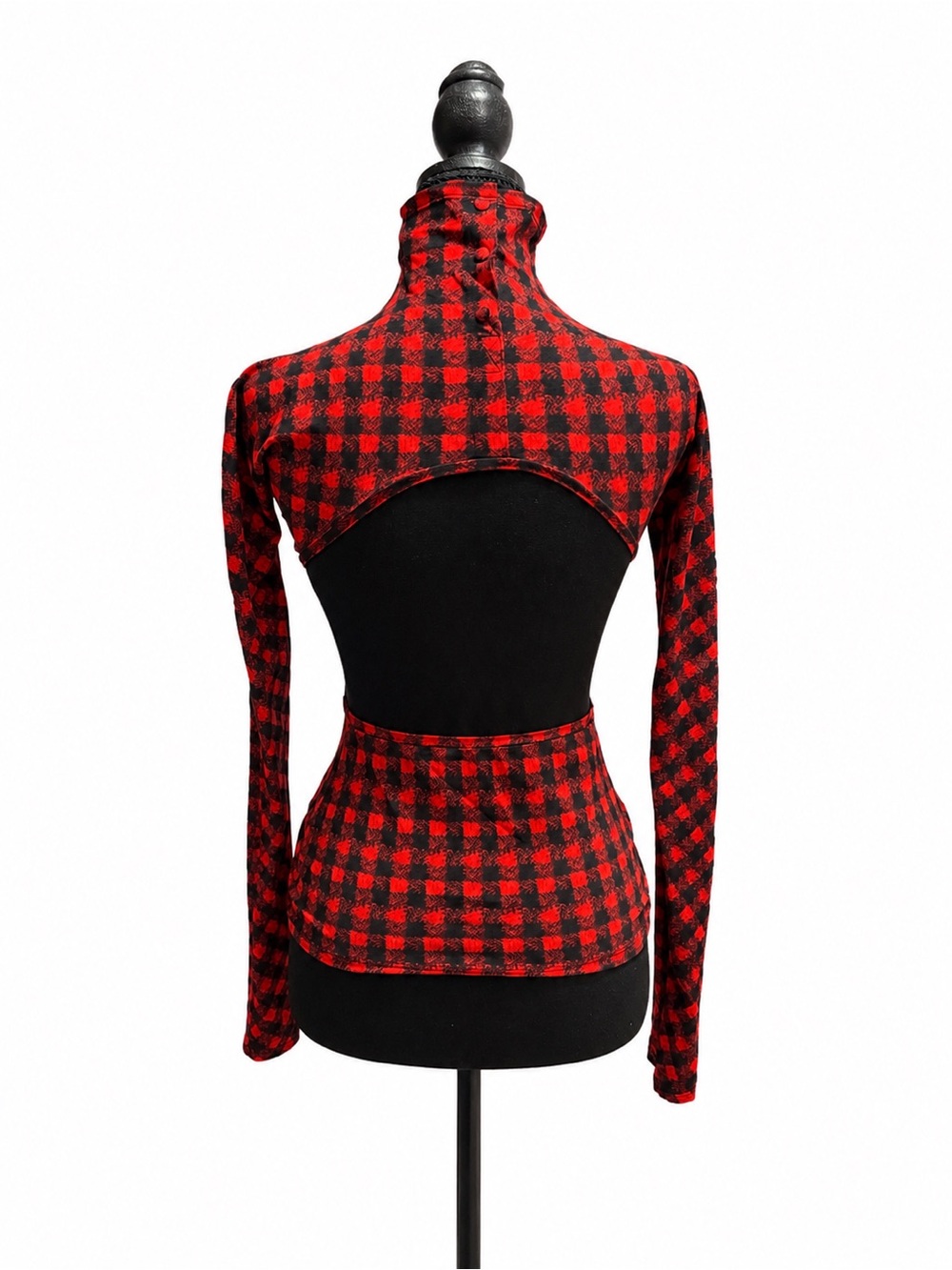 GILMAR Made In Italy Red Black Buffalo Plaid Open Back Turtle Neck Top NWT - Picture 4 of 11